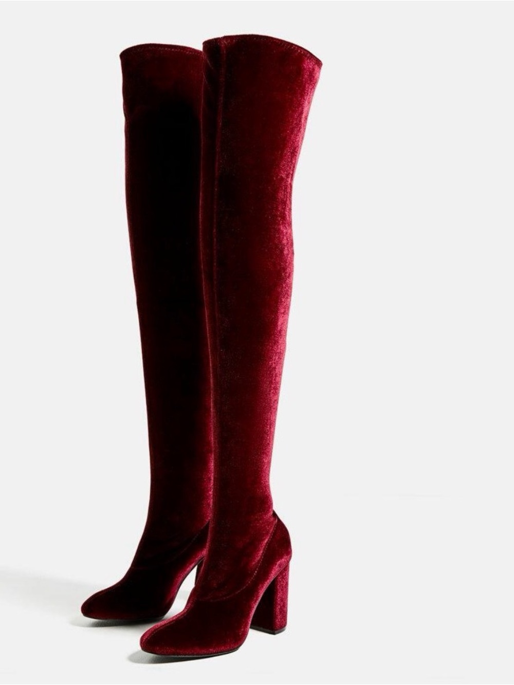 Women's ZARA Over-the-Knee Velvet Block Heel Boots - Wine/red